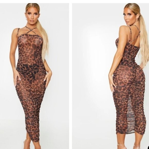 Pretty Little Thing Size 10 Brown Leopard Print Strappy Sheer Mesh Ruched  Dress - Picture 1 of 12